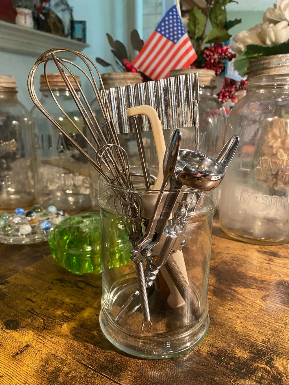 Vintage Kitchen Utensil Set in Silver with Clear Glass Holder